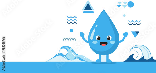 Happy cartoon water drop character smiling with waves and geometric shapes illustration