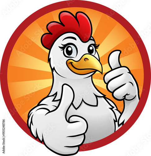 Smiling cartoon chicken giv...