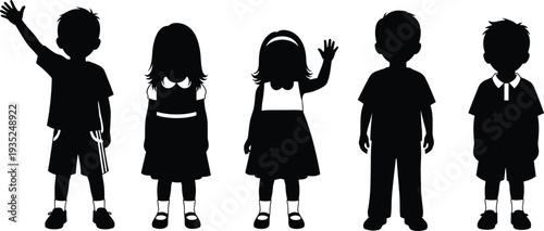 Set of black children silhouettes featuring young boys and girls in various standing and waving poses isolated on white background for childhood vector design