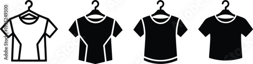 A set of vector line art t-shirts in silhouette on hangers for fashion design or apparel branding