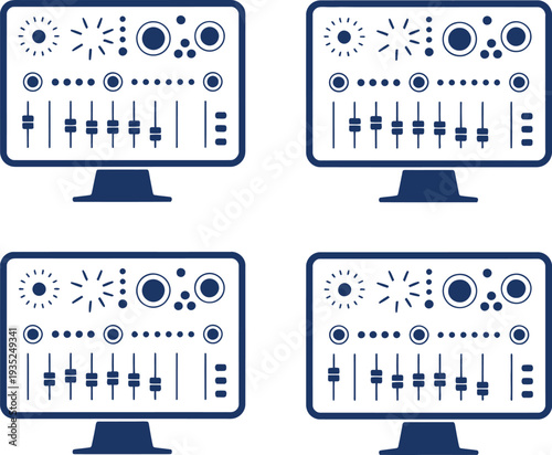 Four identical computer monitors displaying audio mixing console interface