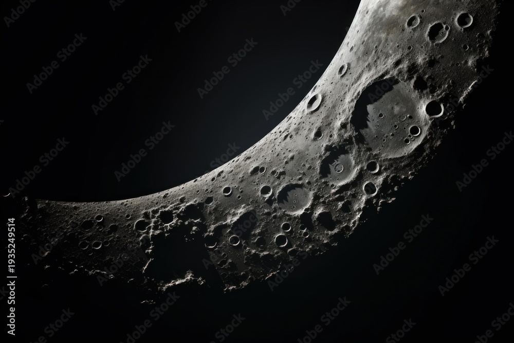 Fototapeta premium Moon surface featuring craters and features curving against a dark space background