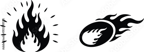 A set of vector line art silhouettes depicting flames and fire in a bundle of two illustrations
