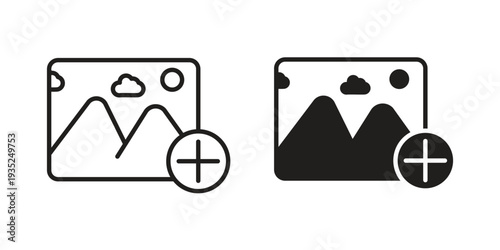Add photos icon. Simple outline style concept. Thin line vector illustration.
