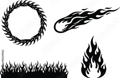 A set of vector line art silhouettes depicting various flame designs and patterns in black.