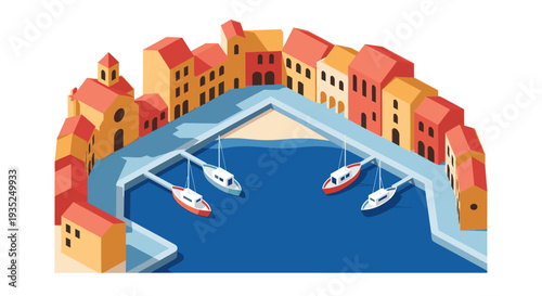An illustration of an isometric view of a colorful coastal town harbor with moored boats, capturing a bright, peaceful, and stylized Mediterranean atmosphere.
