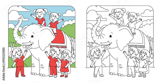 Happy cartoon children riding big white elephant and playing together, vector illustration