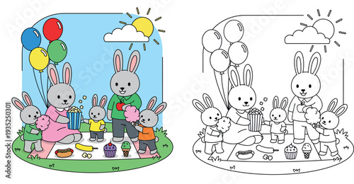 Cute cartoon rabbit family having picnic in summer park, happy bunny parents and kids eating popcorn and cotton