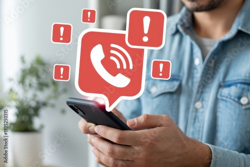 Man receiving spam calls on a mobile phone with warning icons