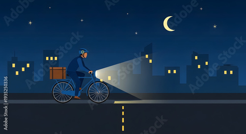 Courier riding bicycle through city at night with package