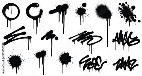 Black graffiti spray paint drip and splatter vector set with urban street art tags, ink blots, and liquid drips.