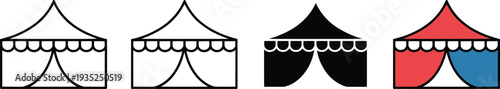 Four Stylized Circus Tents: Outline, Black, and Red/Blue Color Variations