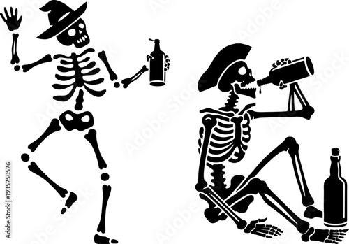 Funny Skeletons Drinking Alcohol And Dancing Silhouette