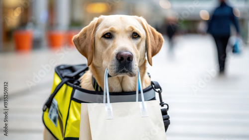 Service dog assistance training support dog guide dog in city street carrying shopping bag