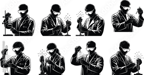 Set of black silhouettes featuring male and female scientists in lab coats and safety goggles performing chemistry experiments isolated on white background vector illustration.v