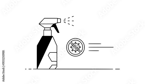 A minimalist vector graphic of a spray bottle killing germs and bacteria