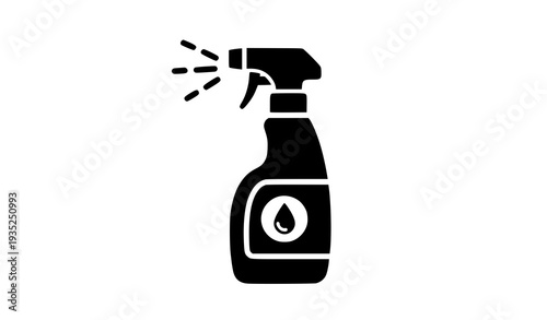 A black and white vector graphic of a spray bottle with a droplet symbol