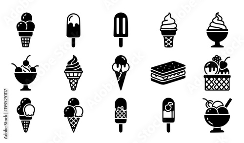 A set of black and white vector icons depicting various ice cream treats