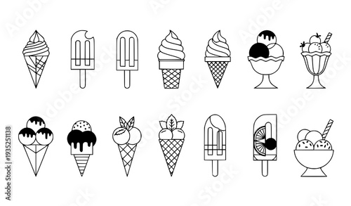 A set of black and white vector illustrations of various ice cream treats