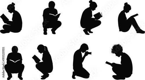 Silhouettes of people reading books and photographer with camera, seated and crouched postures, creative lifestyle, study and hobby illustration