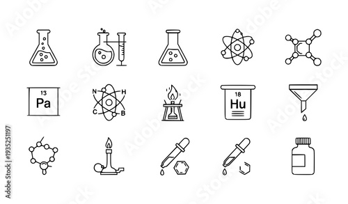 A set of science icons and symbols in a flat minimal design style