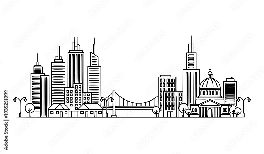 Fototapeta premium A minimalist black and white vector illustration of a city skyline with a bridge