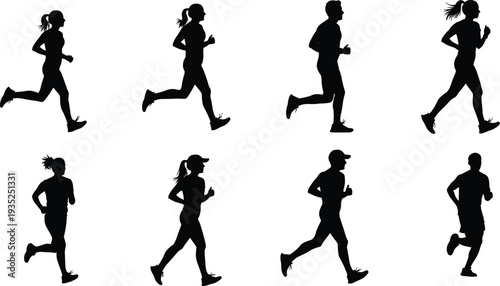 Silhouettes of people running, athletic motion, sports training, jogging exercise, fitness activity, human movement illustration, competition