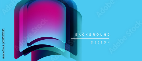 Abstract layered shapes, vibrant magenta, blue hues. Modern design element against light turquoise backdrop. Simple text reads background design.