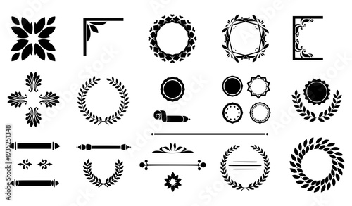 A collection of black and white vector graphic illustrations of floral designs and decorative elements