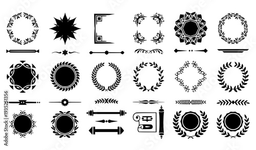 A collection of black and white vector graphic design elements and icons