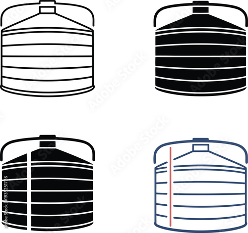 Four stylized of stacked cylindrical tanks with handles