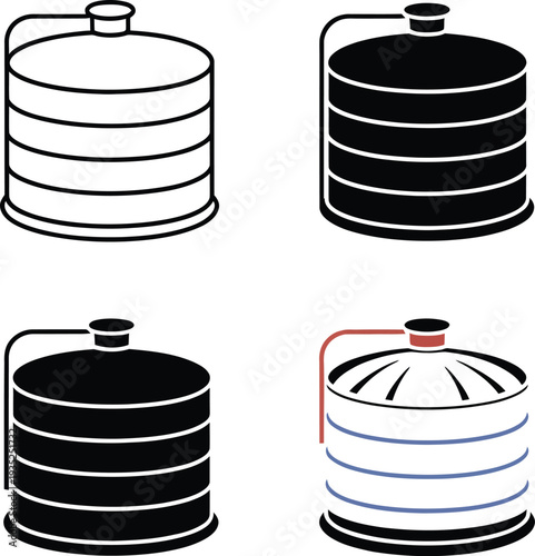 Four Stylized of Stacked Food Containers or Water Coolers