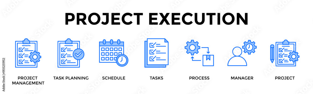 Fototapeta premium Project Execution Icon Set Collection Pack Banner Web Vector Illustration Concept Containing Coordinate Tasks And Teams For Structured Project Delivery