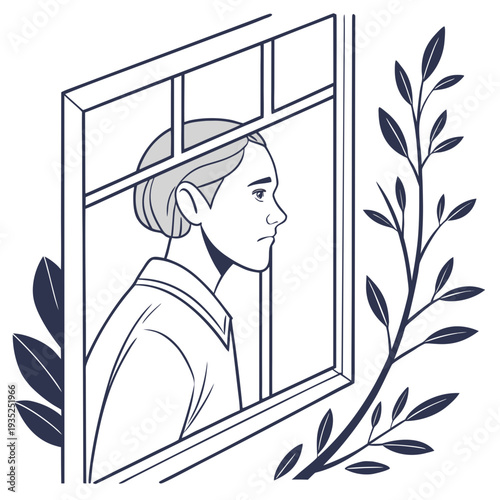 Person gazes out through window with foliage.