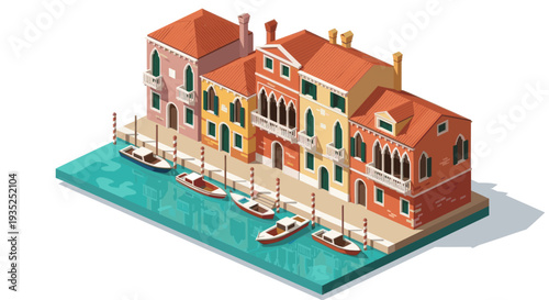 Isometric illustration of colorful Venice canal houses with moored boats and calm water, ideal for travel, architecture, or city planning visuals.