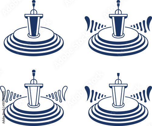 Four blue podiums with microphones on white background, some with sound waves