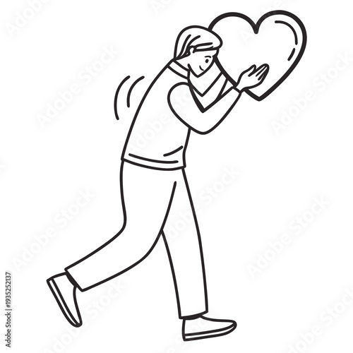 Person carries large heart shape carefully.