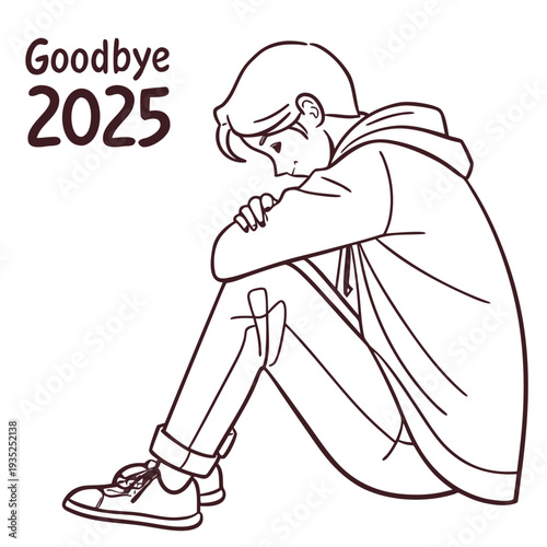 Sad young man sits alone saying goodbye 2025.