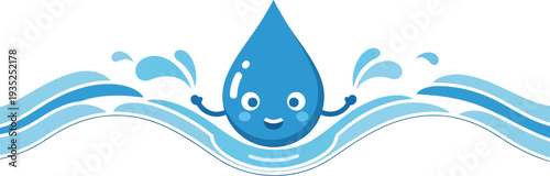 Cute water drop character smiling and splashing in waves, representing clean and refreshing water