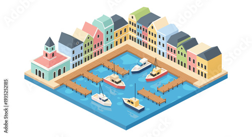Isometric vector illustration showcases a vibrant harbor scene with colorful buildings lining the waterfront, wooden piers, and boats docked in the blue water. Perfect for travel and design concepts.