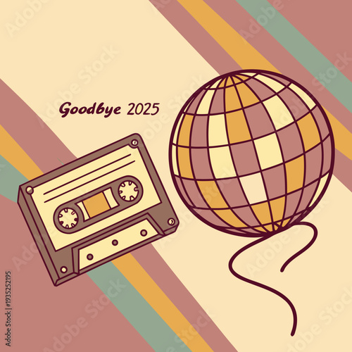 Retro music cassette and disco ball symbolize.