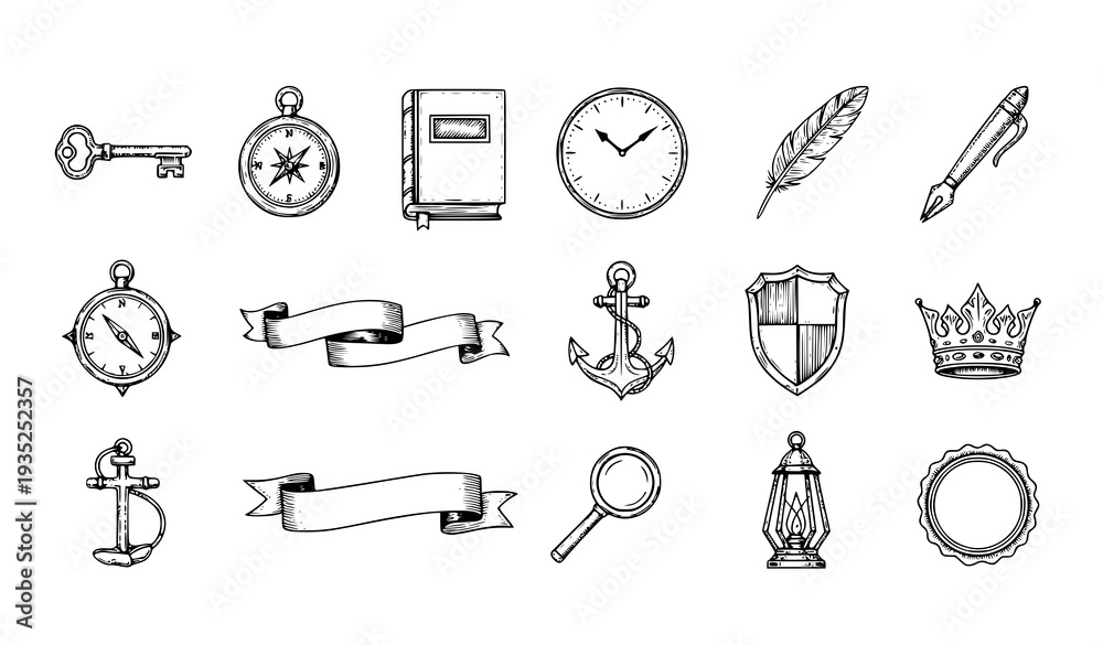 Fototapeta premium A collection of vintage nautical and office icons in a minimalist line art style