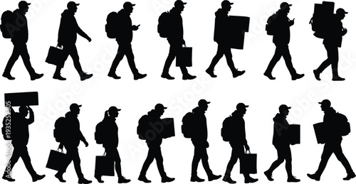 Silhouettes of people walking, commuters carrying bags, travelers with luggage, shopping crowd, urban lifestyle, daily routine, diverse movement, transportation scene