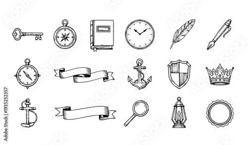 A collection of vintage nautical and office icons in a minimalist line art style