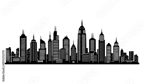 A black silhouette of a city skyline with tall buildings and skyscrapers