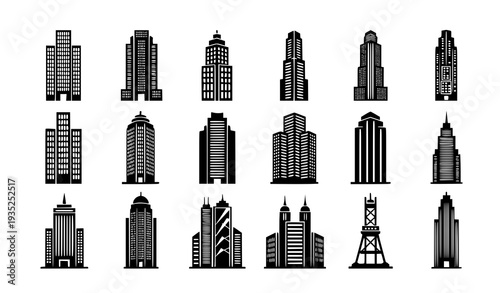 A set of black and white city skyline silhouettes in a vector graphic design
