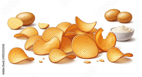 National Potato Chip Day Crispy Golden Chips with Dip Premium Vector Illustration