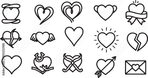 Set of red vector heart icons and romantic symbols for Valentine's Day illustration including passion shapes and love design patterns for holiday cards