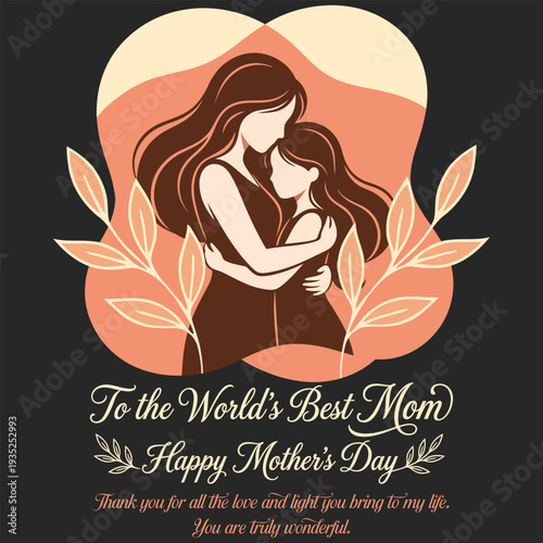 A mother and daughter embrace within a heart shaped colorful background