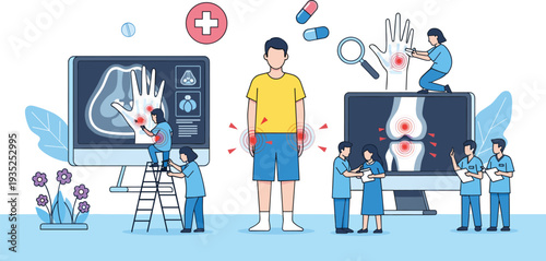 Flat vector illustration of medical doctors examining joint pain and bone health with large X-ray screens and patients.